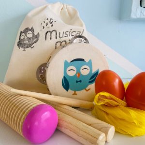 A rhythm instrument pack featuring a canvas bag, a wooden tambourine with a blue owl, two orange egg shakers on a yellow scarf, a wooden guiro, and rhythm sticks