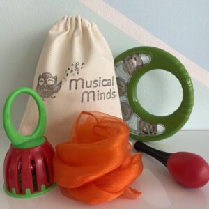 Instrument pack for babies, cage bell, baby tambourine, maraca, scarf and bag