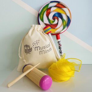 Instrument pack with lollipop drum, guiro, scarf and bag