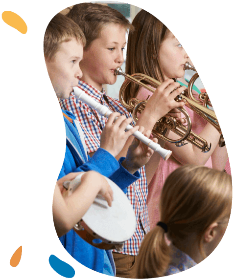 A group of young children playing musical instruments together, including a recorder, a trumpet, and a tambourine